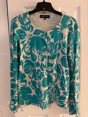 Jones New York Teal and White Floral Pearl-Button Front Cardigan, L